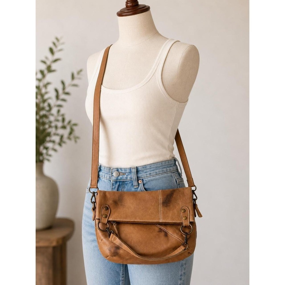 BedStu Distressed Tan Leather Foldover Crossbody Bag Boho Brass Messenger